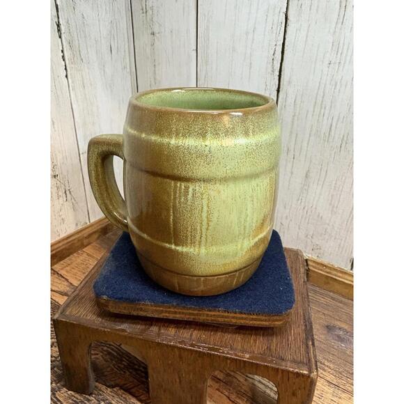 Frankoma Vintage Barrel Mug Tan Cream Green - Picture 3 of 9